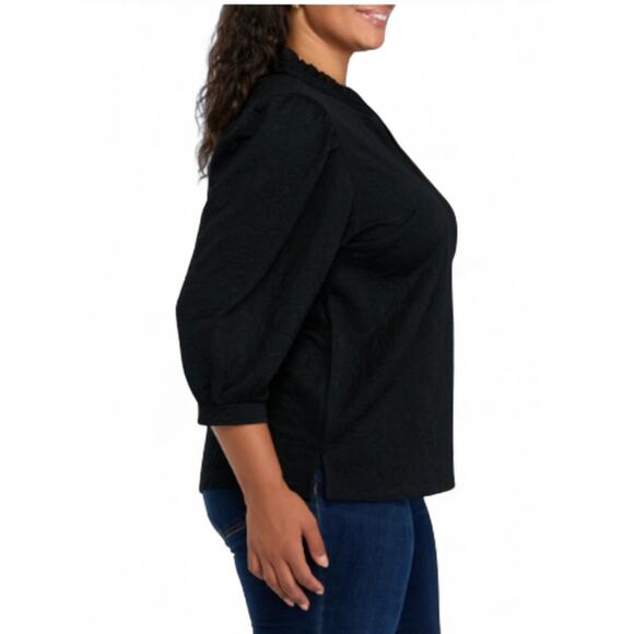 Crown & Ivy Black Jacquard Top Blouse Plus 4X Ruffle V-Neck 3/4 Sleeve NWT - Picture 4 of 9